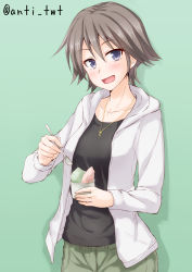 Rule 34 | 10s, 1girl, anti (untea9), blue eyes, blush, brown hair, casual, commentary request, cup, food, hiei (kancolle), highres, hood, hoodie, jewelry, kantai collection, looking at viewer, necklace, no hairband, open mouth, shaved ice, short hair, solo, spoon