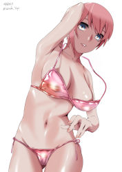 Rule 34 | 1girl, absurdres, armpits, bare arms, bare legs, bare shoulders, belly, bikini, blue eyes, bra, bra lift, breasts, cleavage, collarbone, go-toubun no hanayome, highres, large breasts, looking at viewer, nail polish, nakano ichika, navel, one-piece swimsuit, parted lips, pink hair, pink one-piece swimsuit, sakieda yoyu, short hair, simple background, smile, standing, swimsuit, underwear, untied bikini, wardrobe malfunction, white background