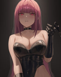 Rule 34 | 1girl, bare shoulders, black gloves, black leotard, blush, bondage outfit, breasts, character request, choker, cleavage, dominatrix, gloves, hinaki (hinaki 0102), large breasts, leash, leotard, medium breasts, original, red eyes, red hair, solo, strapless, strapless leotard