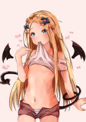 Rule 34 | 1girl, abigail williams (fate), absurdres, bare shoulders, black bow, blonde hair, blue eyes, blush, bow, breasts, closed mouth, clothes in mouth, clothes lift, demon girl, demon tail, demon wings, fate/grand order, fate (series), forehead, highres, lifting own clothes, long hair, looking at viewer, minertime, mouth hold, navel, orange bow, panties, parted bangs, polka dot, polka dot bow, shirt, shirt in mouth, shirt lift, small breasts, solo, striped clothes, striped panties, tail, thighs, underwear, white shirt, wings