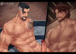 Rule 34 | 2boys, abs, bara, cassidy (overwatch), censored, erection, hanzo (overwatch), highres, lying, male focus, multiple boys, muscular, nipples, nude, overwatch, overwatch 1, pectorals, penis, piercing, smile, tattoo, yaoi