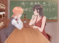 Rule 34 | 2girls, ahoge, asa (artist), bartender, black hair, blue eyes, bow, bowtie, breasts, brown eyes, cleavage, coffee, collarbone, commentary request, cup, dress, eye contact, hand on own cheek, hand on own face, jewelry, koito yuu, leaning forward, long hair, long sleeves, looking at another, low twintails, multiple girls, nanami touko, open mouth, orange hair, pointing, marriage proposal, ring, short hair, short twintails, signature, smile, teacup, translation request, twintails, vest, wedding ring, yagate kimi ni naru, yuri