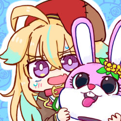 Rule 34 | 1girl, :d, ahoge, animal ears, beret, blonde hair, blue background, blue hair, blush, brown jacket, collar, commentary request, facial mark, fang, flower, hair between eyes, hat, holding, jacket, kasuga yuuki, long hair, long sleeves, multicolored hair, open mouth, outline, pink collar, purple eyes, red hat, sailor collar, shinsougumi, shitagai nora, sleeves past wrists, smile, solo, streaked hair, sweat, v-shaped eyebrows, virtual youtuber, white outline, white sailor collar, yellow flower
