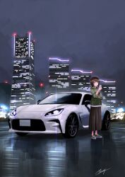 Rule 34 | 1girl, apollos ars, bob cut, brown hair, brown skirt, building, car, city, cityscape, closed mouth, commentary request, cup, disposable cup, drink, full body, green footwear, green hoodie, hand in pocket, headlight, highres, holding, holding cup, holding drink, hood, hoodie, license plate, motor vehicle, original, shoes, short hair, skirt, skyscraper, smile, sneakers, solo, sports car, standing, toyota, toyota 86, vehicle focus