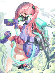 Rule 34 | 1girl, artist name, black footwear, blue jacket, blunt bangs, blush, commentary, dopoing, dual wielding, finger on trigger, foot out of frame, from behind, from side, gas mask, gun, hair ornament, hands up, highres, holding, holding gun, holding weapon, jacket, jetpack, long hair, long sleeves, looking at viewer, mask, mouth mask, multicolored footwear, nail polish, neon lights, original, pink eyes, pink hair, pink nails, pink socks, pink sweater, shoes, side ponytail, smoke, socks, solo, striped clothes, striped sweater, sweater, water gun, water tank, weapon, white background, white footwear