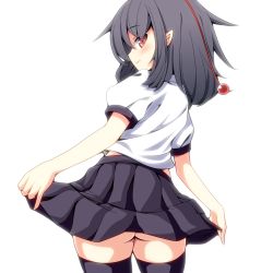 Rule 34 | 1girl, ass, bad id, bad pixiv id, black hair, clothes lift, cowboy shot, looking at viewer, no panties, oimo (imoyoukan), oimonocake, pointy ears, red eyes, shameimaru aya, short hair, skirt, skirt lift, solo, thighhighs, touhou