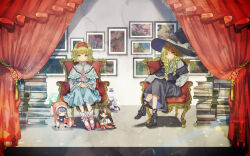 Rule 34 | 2girls, alice margatroid, armchair, black footwear, black skirt, blonde hair, blue dress, blue eyes, book, book stack, bow, braid, capelet, center frills, chair, character doll, closed mouth, commentary request, cover, curtains, doremy sweet, drawing (object), dress, frills, full body, hairband, hat, hat bow, highres, imaizumi kagerou, kamishirasawa keine, kirisame marisa, komano aunn, lace-trimmed capelet, lace trim, long hair, long sleeves, looking at viewer, multiple girls, own hands together, pink footwear, red hairband, sano naoi, shirt, sitting, skirt, touhou, twin braids, white bow, white capelet, white shirt, witch hat, yellow eyes