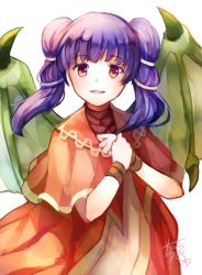 Rule 34 | 1girl, dragon wings, dress, fire emblem, fire emblem: the sacred stones, multi-tied hair, myrrh (fire emblem), nintendo, parted lips, purple hair, red eyes, signature, simple background, solo, tarayuki, twintails, upper body, white background, wings