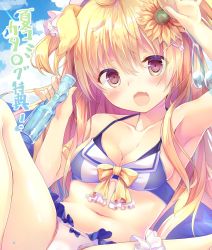 Rule 34 | 1girl, :d, animal ears, armpits, bikini, blonde hair, bow, breasts, brown eyes, cleavage, cloud, flower, frills, hair flower, hair ornament, kinokomushi, long hair, looking at viewer, medium breasts, open mouth, original, sky, smile, solo, spread legs, summer, swimsuit, translation request, x hair ornament, yellow bow