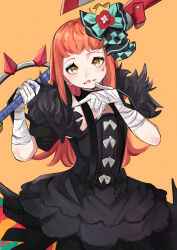 Rule 34 | 1girl, axe, bandaged hand, bandages, black dress, blue eyeshadow, bow, commentary, daweykun, dress, eyeshadow, facial mark, facing viewer, fire emblem, fire emblem engage, fur trim, hair bow, hands up, highres, holding, holding axe, holding weapon, long hair, makeup, nintendo, open mouth, orange background, orange hair, panette (fire emblem), solo, upper body, weapon, yellow eyes