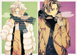 Rule 34 | 2boys, breath, brown eyes, brown hair, coat, cross, cross necklace, double-breasted, eyepatch, fate/stay night, fate/zero, fate (series), jewelry, kotomine kirei, male focus, matou kariya, multiple boys, necklace, nishi juuji, scar, scarf, unmoving pattern, white hair, winter clothes