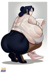 Rule 34 | 1girl, :o, absurdres, ass, black skirt, bra, bra visible through clothes, breasts, breasts on lap, clothes, ear piercing, female focus, gigantic breasts, glasses, highres, holding, holding paper, long hair, looking back, original, pantyhose, paper, piercing, ruru-raida, shirt, skirt, solo, underwear, white bra, white shirt
