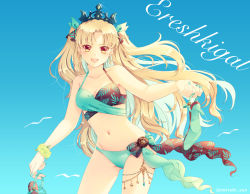 Rule 34 | 1girl, :d, aqua bikini, aqua nails, bare arms, bare shoulders, bikini, blonde hair, blue background, bow, bracelet, breasts, character name, cleavage, collarbone, commentary request, cowboy shot, earrings, ereshkigal (fate), fate/grand order, fate (series), flower, flower bracelet, unworn footwear, glint, groin, hair ribbon, highres, holding, jewelry, long hair, looking at viewer, medium breasts, nail polish, navel, open mouth, parted bangs, red eyes, ribbon, sandals, unworn sandals, smile, solo, swimsuit, tiara, twitter username, two side up, yellow flower, yue natsuki