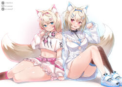 Rule 34 | animal ear fluff, animal ears, bandaid, bandaid hair ornament, belt, belt collar, black collar, blonde hair, blue eyes, blue hair, blush, breasts, closed mouth, collar, cropped shirt, dog ears, dog girl, dog tail, dress, fang, fishnet socks, fishnet thighhighs, fishnets, frilled shorts, frills, fuwawa abyssgard, fuwawa abyssgard (1st costume), hair ornament, hairpin, headphones, headphones around neck, hololive, hololive english, large breasts, long hair, looking at viewer, medium hair, mococo abyssgard, mococo abyssgard (1st costume), mr.canaryy, multicolored hair, nail polish, navel, open mouth, panties, pink belt, pink eyes, pink hair, pink nails, shirt, shoes, short dress, short shorts, shorts, siblings, sidelocks, single fishnet legwear, sisters, skin fang, smile, sneakers, socks, spiked collar, spikes, streaked hair, tail, thighhighs, twins, two side up, underwear, virtual youtuber, white background, white dress, white footwear, white panties, white shirt, x hair ornament