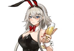 Rule 34 | 1girl, animal ears, black hairband, black leotard, blue eyes, bow, bowtie, breasts, commentary request, cup, detached collar, drinking glass, fake animal ears, fake tail, grey hair, hair between eyes, hair ornament, hairband, highres, holding, holding cup, jintianhuahualema, large breasts, leotard, original, playboy bunny, rabbit ears, rabbit tail, red bow, red bowtie, short hair with long locks, side-tie leotard, sidelocks, solo, strapless, strapless leotard, tail, upper body, white background, wrist cuffs, x hair ornament