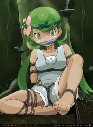 Rule 34 | 1girl, arms behind back, bare shoulders, barefoot, bdsm, bondage, bound, bound legs, bound wrists, creatures (company), crotch rope, dark-skinned female, dark skin, feet, female focus, flower, full body, gag, game freak, green eyes, green hair, hair flower, hair ornament, highres, long hair, low twintails, mallow (pokemon), nintendo, on ground, outdoors, pokemon, pokemon sm, pouch, restrained, sharpffffff, shibari, shibari over clothes, sitting, solo, sunlight, toes, tree, twintails, very long hair, watermark, web address