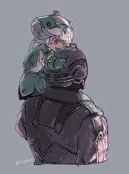Rule 34 | 1boy, :d, black coat, bondrewd, carrying, carrying person, child, coat, commentary request, covered face, cropped arms, cropped torso, flipped hair, from behind, green eyes, green hair, green headwear, green skirt, grey background, grey hair, grey headwear, hand on another&#039;s head, hat, helm, helmet, looking at another, looking away, looking to the side, made in abyss, multicolored hair, on shoulder, open mouth, prushka, red eyes, simple background, sitting on shoulder, sketch, skirt, smile, streaked hair, toge (owannun), twitter username
