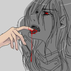 Rule 34 | 1boy, alucard (castlevania), alucard (hellsing), blood, dhampir, drinking, dripping, fang, fangs, hair between eyes, half-human, hellsing, injury, leather, licking, licking finger, long hair, lowres, monochrome, open mouth, red eyes, slit pupils, tongue, tongue out, undead, vampire