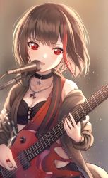 Rule 34 | 1girl, afterglow (bang dream!), bang dream!, black bra, black choker, bob cut, bra, breasts, brown hair, chain, chain necklace, choker, collarbone, commentary request, cross-laced clothes, cross-laced top, earrings, fingernails, gohan (lupina1023), guitar, highres, holding, holding plectrum, hoop earrings, instrument, jacket, jewelry, microphone, mitake ran, multicolored hair, necklace, plectrum, red eyes, short hair, small breasts, strap, streaked hair, underwear