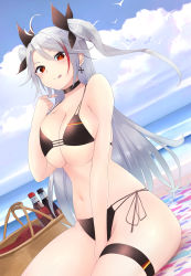 Rule 34 | 1girl, absurdres, azur lane, bad id, bad pixiv id, basket, beach, beach towel, between legs, bikini, bird, black bikini, bow, breasts squeezed together, breasts, choker, cleavage, cloud, cloudy sky, cross, cross earrings, day, earrings, flag print, german flag bikini, hair bow, hand between legs, highres, iron cross, jewelry, large breasts, licking lips, long hair, looking at viewer, multicolored hair, navel, ocean, picnic basket, prinz eugen (azur lane), prinz eugen (unfading smile) (azur lane), red eyes, red hair, seagull, side-tie bikini bottom, silver hair, sitting, sky, smile, soda bottle, solo, swimsuit, thigh strap, tongue, tongue out, towel, twintails, two-tone hair, two side up, zipper xx