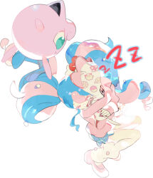 Rule 34 | 1girl, blue skirt, cardigan, clefairy sprite (pokemon), closed eyes, creatures (company), drooling, e volution, fairy miku (project voltage), fish sprite (pokemon), flower, fossil sprite (pokemon), game freak, gen 1 pokemon, hair flower, hair ornament, hatsune miku, jigglypuff, leg warmers, long hair, multicolored hair, nintendo, open mouth, pink cardigan, pink footwear, pokemon, pokemon (creature), pout, project voltage, skirt, sleeping, twintails, two-tone hair, very long hair, vocaloid, zzz