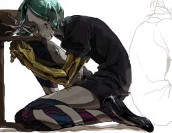Rule 34 | closed mouth, crying, flower, green eyes, green hair, high heels, holding, holding flower, houseki no kuni, looking at viewer, personification, phosphophyllite, sad, short hair, short sleeves, sitting, spoilers, touhu tige, uniform, white background