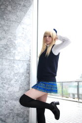 Rule 34 | 1girl, against glass, asian, black footwear, black thighhighs, blonde hair, blue eyes, blue ribbon, blurry, bow, breasts, character request, color contacts, cosplay, depth of field, dress shirt, hair bow, high heels, highres, indoors, leg up, looking at viewer, mary janes, miniskirt, mole, mole under mouth, namada, necktie, photo (medium), plaid, plaid skirt, pleated skirt, ribbon, school uniform, shirt, shoes, skirt, small breasts, solo, standing, sweater vest, thighhighs, white shirt, window, zettai ryouiki