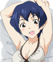 Rule 34 | 1girl, armpits, arms behind head, arms up, blue hair, blush, breasts, brown eyes, housen aoi, large breasts, looking at viewer, mugen no ryvius, open mouth, short hair, smile, solo, umanosuke, upper body