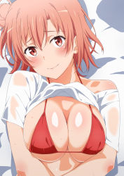 Rule 34 | 1girl, absurdres, bed sheet, bikini, bikini under clothes, blush, breasts squeezed together, breasts, breasts out, closed mouth, commentary request, hair between eyes, hair bun, head tilt, highres, large breasts, looking at viewer, lying, micro bikini, on back, on bed, red bikini, red eyes, red hair, see-through, see-through shirt, short hair, shou937, sideboob, single side bun, smile, solo, sweat, swimsuit, underboob, v arms, wet, wet clothes, yahari ore no seishun lovecome wa machigatteiru., yuigahama yui