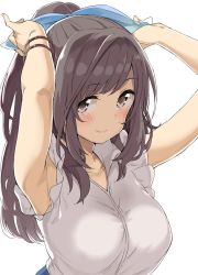 Rule 34 | 1girl, adjusting bow, armpits, arms behind head, arms up, black hair, blue bow, blush, bow, bracelet, breasts, brown eyes, commentary request, hair bow, idolmaster, idolmaster shiny colors, jewelry, large breasts, long hair, looking at viewer, mamedenkyuu (berun), ponytail, shirt, simple background, sleeveless, sleeveless shirt, smile, solo, swept bangs, tsukioka kogane, very long hair, white background, white shirt