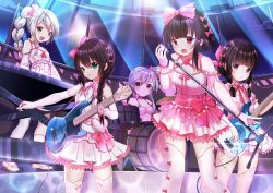 Rule 34 | 5girls, band, bass guitar, bow, bow legwear, braid, brown eyes, chao ho (warship girls r), concert, drum, elbow gloves, electric guitar, gloves, guitar, hair bow, hair over shoulder, idol, instrument, keyboard (instrument), looking at viewer, microphone, microphone stand, multiple girls, music, ning hai (warship girls r), ping hai (warship girls r), side braid, silver hair, singing, smile, thighhighs, warship girls r, xian (pixiv11964491), yat sen (warship girls r), ying swei (warship girls r)