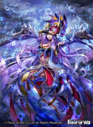 Rule 34 | 1girl, blue eyes, bracelet, breasts, cleavage, copyright name, electricity, facial mark, flower, force of will, hair flower, hair ornament, japanese clothes, jewelry, long hair, midriff, misa tsutsui, nail polish, navel, official art, purple hair, solo, wings