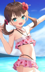 Rule 34 | 1girl, :d, ahoge, bare shoulders, bikini, blue eyes, brown hair, earrings, flat chest, flower, food print, frilled bikini, frills, from side, hair between eyes, hair flower, hair ornament, hibiscus, highres, hololive, jewelry, looking at viewer, natsuiro matsuri, ocean, open mouth, outdoors, outstretched arm, pink bikini, polka dot, polka dot scrunchie, saki (saki paint), scrunchie, sky, smile, solo, stomach, strawberry print, swimsuit, twintails, virtual youtuber