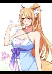 Rule 34 | 1girl, afterimage, animal ears, bare shoulders, blonde hair, blue dress, blush, breasts, cleavage, commentary request, criss-cross halter, dated, dress, facial mark, fox ears, fox tail, halterneck, hand up, konshin, large breasts, letterboxed, long hair, o-ring, open mouth, original, ponytail, signature, simple background, solo, standing, sweatdrop, tail, white background, yellow eyes