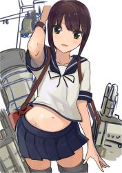 Rule 34 | 10s, 1girl, armpit peek, brown eyes, brown hair, fubuki (kancolle), kantai collection, long hair, looking at viewer, midriff, navel, pupps, simple background, skirt, smile, solo, thighs, white background, wristband