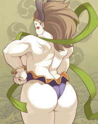 Rule 34 | 1girl, ass, back, backboob, bad id, bad pixiv id, bracelet, breasts, brown hair, clenched hand, eyeliner, from behind, hand on own hip, hikimayu, hip focus, horns, huge ass, jewelry, large breasts, long hair, makeup, maou alba, muscular, muscular female, nail polish, oboro muramasa, pointy ears, raijin (oboro muramasa), solo, topless, yellow eyes