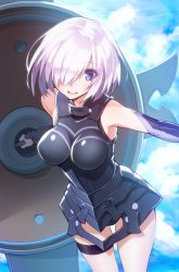 Rule 34 | 1girl, armor, armored dress, bare shoulders, breasts, commentary request, elbow gloves, fate/grand order, fate (series), gloves, hair over one eye, large breasts, looking at viewer, mash kyrielight, mofu (mof swimradio), open mouth, purple eyes, purple hair, shield, short hair, solo