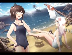 Rule 34 | 3girls, ahoge, any (lucky denver mint), ass, bare arms, bare legs, bare shoulders, barefoot, beach, blue sky, blush, bracelet, breasts, brown eyes, brown hair, cloud, collarbone, commentary request, day, fairy (kancolle), flower, hair flower, hair ornament, hairclip, hand on own hip, horizon, i-401 (kancolle), jewelry, kantai collection, long hair, looking at viewer, multiple girls, ocean, one-piece swimsuit, one-piece tan, open mouth, orange sailor collar, outdoors, palm tree, ponytail, ro-500 (kancolle), rock, sailor collar, sand, school swimsuit, short hair, short ponytail, side-tie shirt, sitting, sky, smile, standing, swimsuit, tan, tanline, tree, water