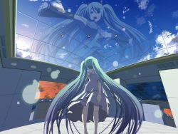 Rule 34 | cloud, glass, hatsune miku, long hair, looking up, outstretched arms, sky, solo, spread arms, sun, sunset, tsukumo (soar99), twintails, very long hair, vocaloid, wallpaper