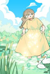 Rule 34 | 1girl, animal, bird, black eyes, braid, brown hair, bush, cattail, cloud, commentary, dated commentary, day, dress, duck, highres, korean commentary, lily pad, long dress, long hair, looking down, mannerer62, open mouth, original, outdoors, plant, pond, short sleeves, single braid, skirt hold, smile, solo, sparkle, standing, wading, water, yellow dress