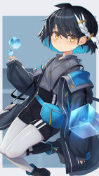 Rule 34 | 1girl, black coat, black footwear, black hair, blue hair, blue nails, bob cut, boots, braid, closed mouth, coat, colored inner hair, commentary, cube, fanny pack, floating, grey shirt, hair ornament, hairclip, highres, jewelry, key, key necklace, leg up, light frown, long sleeves, looking at viewer, mitake eil, multicolored hair, nail polish, necklace, off shoulder, original, pantyhose, pantyhose under shorts, shirt, short hair, shorts, side braid, sleeves past wrists, solo, standing, suspender shorts, suspenders, white hair, white pantyhose, yellow eyes