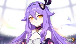 Rule 34 | 1girl, :|, bare shoulders, black headwear, breasts, chinese commentary, closed mouth, day, hair between eyes, highres, honkai (series), honkai impact 3rd, logo, long hair, official art, official wallpaper, purple hair, sirin, sirin (miracle magical girl), small breasts, solo, star (symbol), upper body, yellow eyes