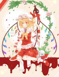 Rule 34 | 1girl, arm garter, ascot, bad id, bad pixiv id, blonde hair, blush, bobby socks, bow, brooch, crystal, fang, flandre scarlet, flower, frilled shirt, frilled shirt collar, frilled skirt, frills, full body, hat, hat bow, highres, jewelry, laevatein, looking at viewer, mary janes, meng ziya, mob cap, parted lips, petals, puffy short sleeves, puffy sleeves, red bow, red eyes, red flower, red footwear, red ribbon, red rose, ribbon, rose, shirt, shoes, short sleeves, side ponytail, skirt, skirt set, smile, socks, solo, touhou, white socks, wings, wrist cuffs