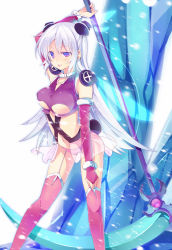 Rule 34 | 1girl, arm up, bad id, bad pixiv id, breasts, detached sleeves, garter straps, ice block, long hair, mishima kurone, niva (mishima kurone), original, panties, pink panties, pink thighhighs, purple eyes, revealing clothes, scythe, see-through, silver hair, skirt, solo, thighhighs, tongue, tongue out, underboob, underwear