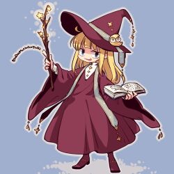 Rule 34 | 1girl, blonde hair, blue background, blue eyes, blunt bangs, book, boots, branch, brown footwear, brown hat, brown robe, commentary request, crescent, crescent hat ornament, dated commentary, hands up, hat, hat ornament, holding, holding book, holding branch, long sleeves, looking at viewer, lowres, madou monogatari, open book, outline, parted lips, puyopuyo, rakuni, robe, romaji text, shirt, simple background, smile, smug, solo, sparkle, v-shaped eyebrows, white shirt, wide sleeves, witch (puyopuyo), witch hat
