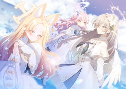 Rule 34 | 3girls, angel wings, animal ear fluff, animal ears, bare shoulders, blonde hair, blue archive, capelet, closed mouth, crescent, crescent pin, detached sleeves, dress, feathered wings, flower, fox ears, hair flower, hair ornament, halo, highres, light brown hair, long hair, long sleeves, mika (blue archive), multiple girls, myusha, nagisa (blue archive), pink flower, pink hair, pink halo, purple flower, seia (blue archive), sleeves past fingers, sleeves past wrists, smile, tea party (blue archive), white capelet, white dress, white flower, white wings, wings, yellow eyes, yellow halo