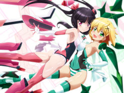 Rule 34 | 2girls, absurdres, akatsuki kirika, ass, bare shoulders, black hair, blonde hair, blunt bangs, blush, breast press, breasts, bunji, butt crack, closed mouth, covered erect nipples, covered navel, elbow gloves, from behind, gloves, green eyes, hair ornament, highres, holding hands, horizontal-striped legwear, interlocked fingers, leotard, long hair, looking at viewer, looking back, medium breasts, multicolored leotard, multiple girls, pink eyes, pink legwear, senki zesshou symphogear, shiny clothes, shiny skin, short hair, skin tight, small breasts, smile, striped clothes, striped legwear, striped thighhighs, symmetrical docking, thighhighs, tsukuyomi shirabe, twintails, x hair ornament