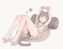 Rule 34 | animal ears, barefoot, black panties, brown eyes, brown hair, cat ears, cat girl, cat tail, cellphone, colon br, full body, highres, holding, holding phone, lying, on back, original, panties, phone, simple background, smartphone, tail, underwear, white background