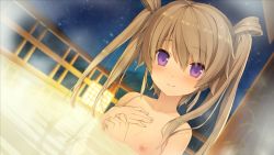 Rule 34 | 10s, 1girl, ao no kanata no four rhythm, arisaka mashiro, bathing, blush, brown hair, closed mouth, collarbone, flat chest, game cg, hair between eyes, hand on own chest, looking at viewer, night, night sky, nipple slip, nipples, nude, onsen, outdoors, partially submerged, purple eyes, sky, smile, solo, steam, suzumori, twintails, upper body, wet, wet hair