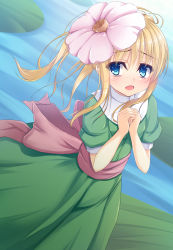 Rule 34 | 1girl, bad id, bad pixiv id, blonde hair, blue eyes, bow, dress, flower, flower on head, green dress, own hands clasped, highres, lily pad, long hair, original, own hands together, solo, takuma ss, water